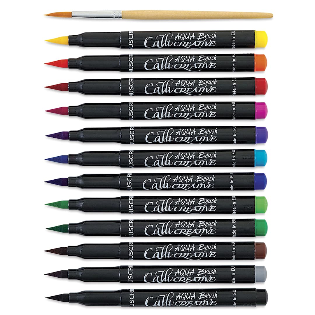 Open in modal - Manuscript Aqua Brush Markers - 12 Markers shown horizontally and uncapped