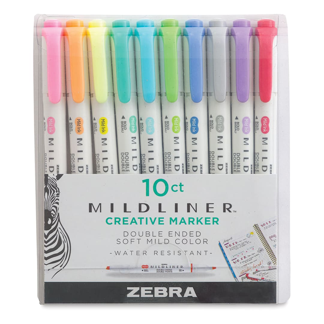 Open in modal - Zebra Mildliner Double Ended Creative Markers - Fluorescent and Cool Colors, Set of 10
