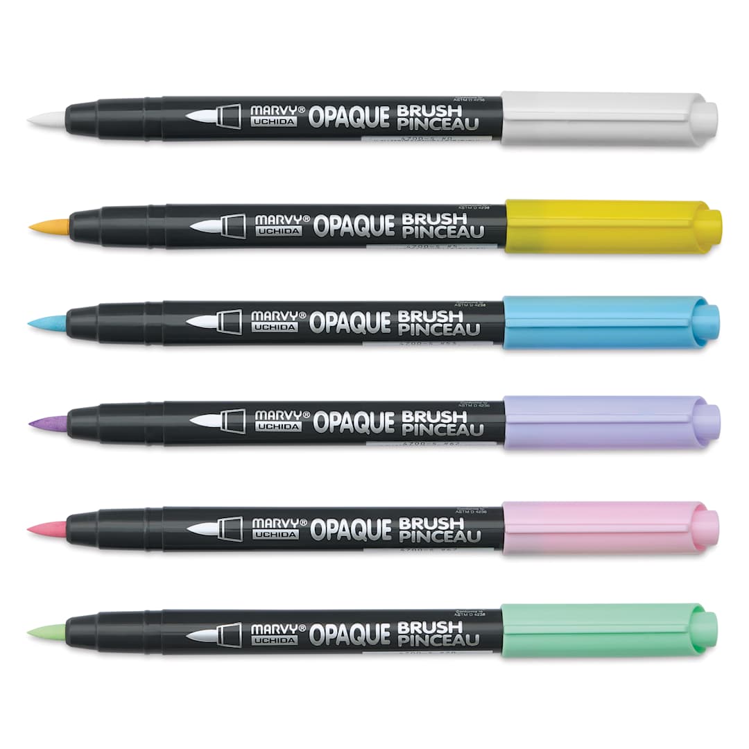 Open in modal - Marvy Uchida Opaque Brush Marker - Set of 6, Pastel, caps off
