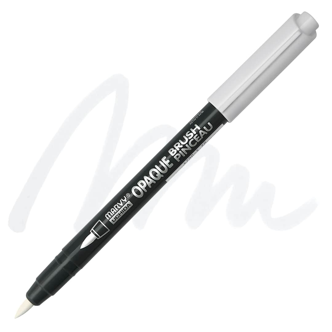 Open in modal - Marvy Uchida Opaque Brush Marker - White, swatch and marker