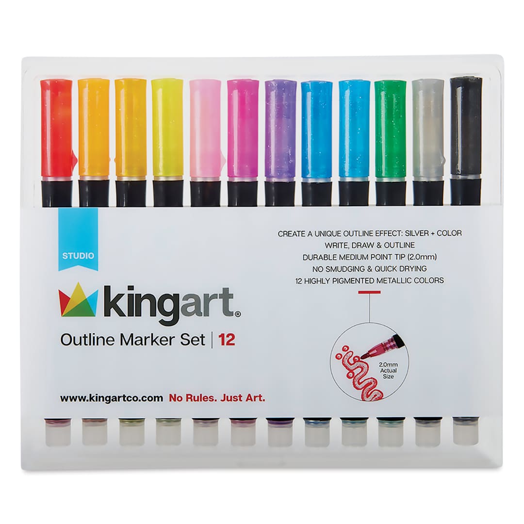 Open in modal - Kingart Outline Metallic Markers - Metallic Silver, Set of 12, front of the packaging