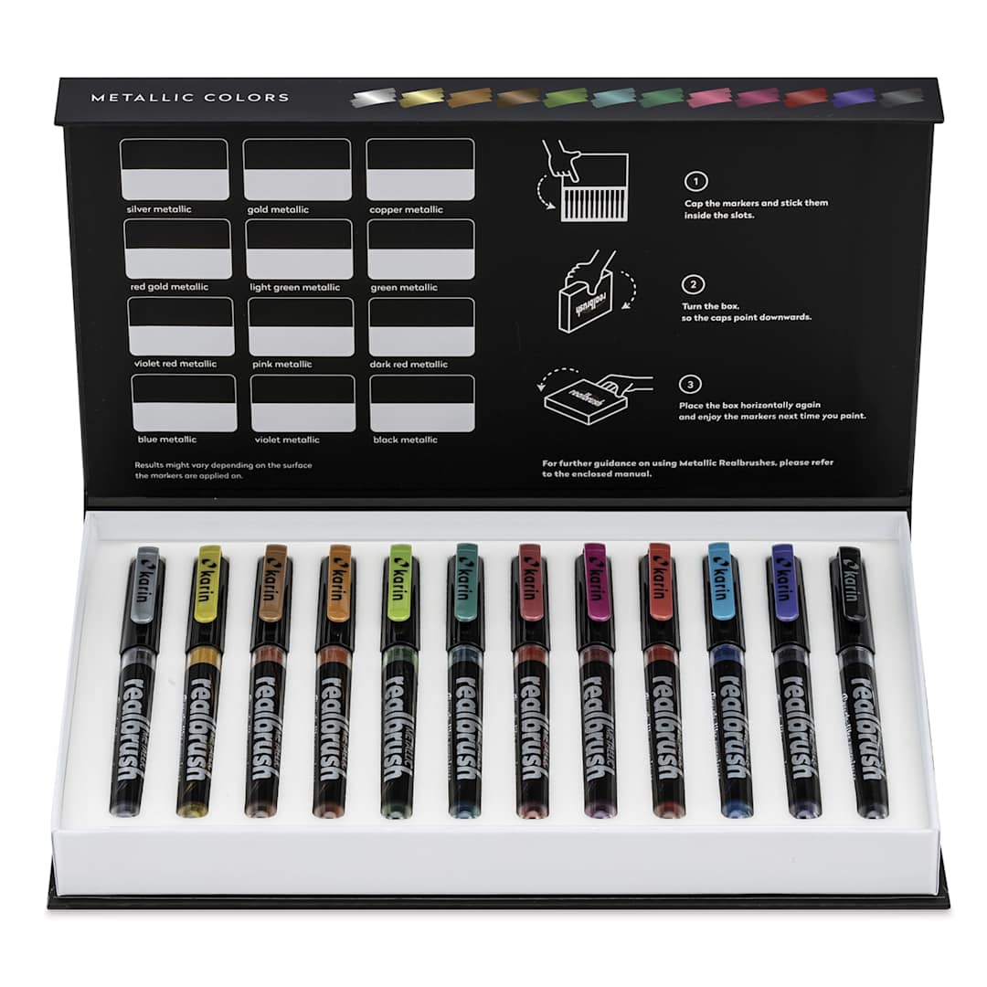 Open in modal - Karin Realbrush Metallic Markers - Assorted Colors, Set of 12, open package showing contents