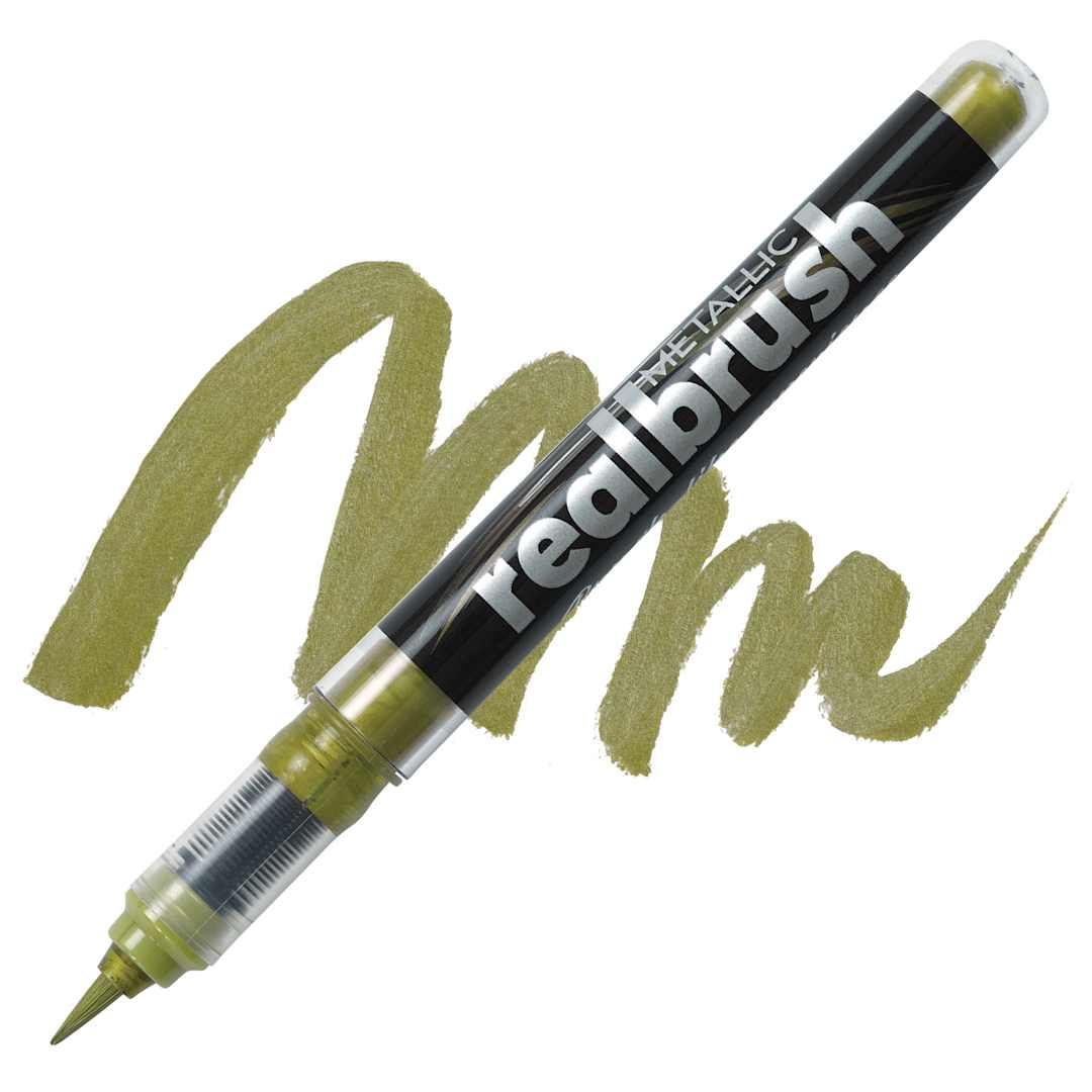 Open in modal - Karin Realbrush Metallic Marker - Gold 8595, swatch and marker