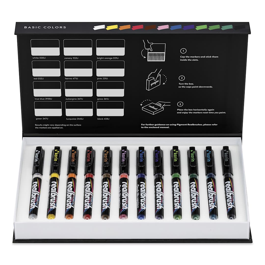 Open in modal - Karin Realbrush Pigment Markers - Basic Colors, Set of 12, markers inside the box