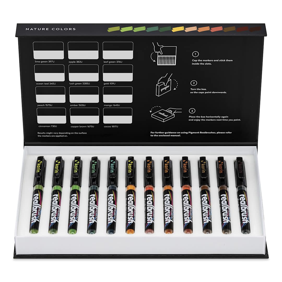 Open in modal - Karin Realbrush Pigment Markers - Nature Colors, Set of 12, markers inside the box