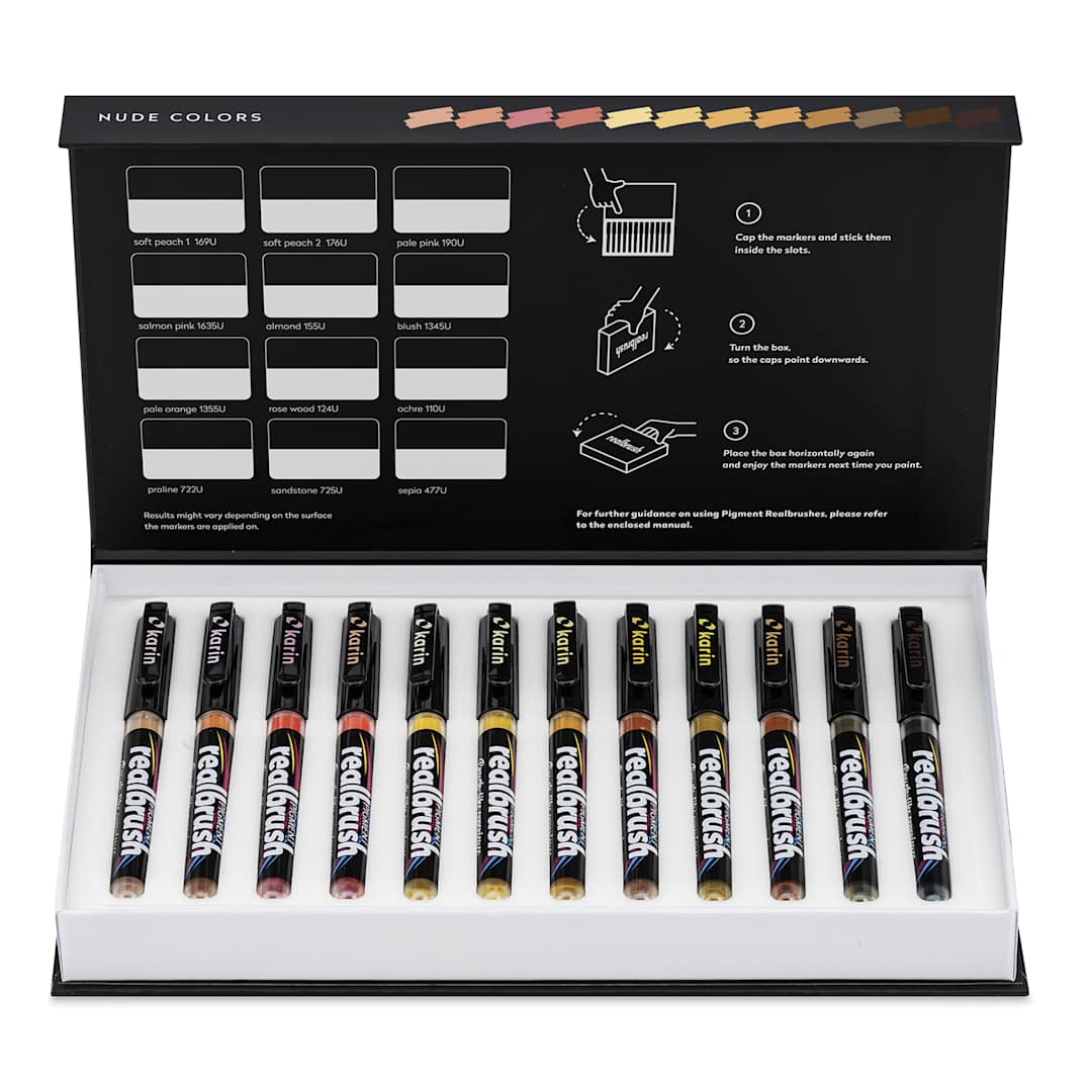 Open in modal - Karin Realbrush Pigment Markers - Nude Colors, Set of 12, markers inside the box