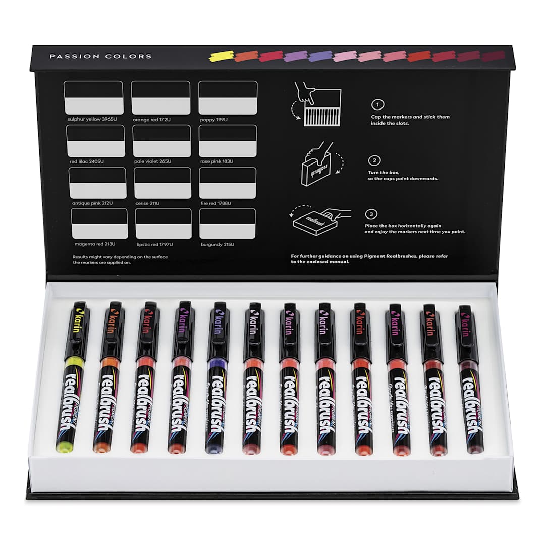 Open in modal - Karin Realbrush Pigment Markers - Passion Colors, Set of 12, markers inside the box