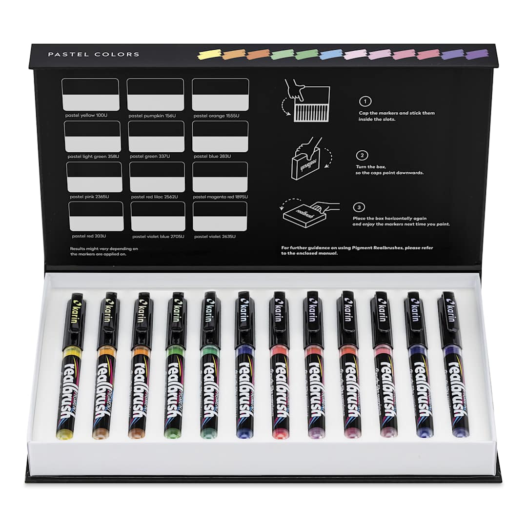 Open in modal - Karin Realbrush Pigment Markers - Pastel Colors, Set of 12, marker inside the box