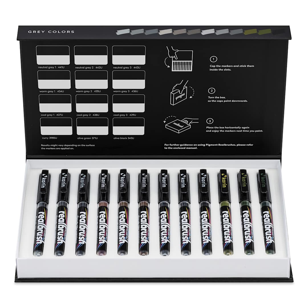 Open in modal - Karin Realbrush Pigment Markers - Grey Colors, Set of 12, markers inside the box