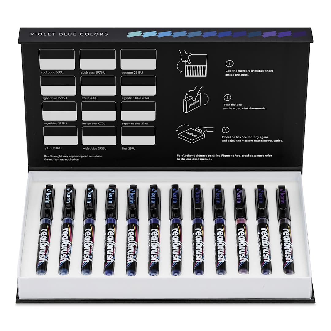Open in modal - Karin Realbrush Pigment Markers - Violet Blue Colors, Set of 12, markers inside box