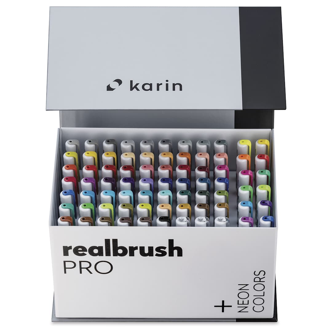 Open in modal - Karin Realbrush Pro Markers - Mega Plus Box, Set of 75, markers shown inside of box