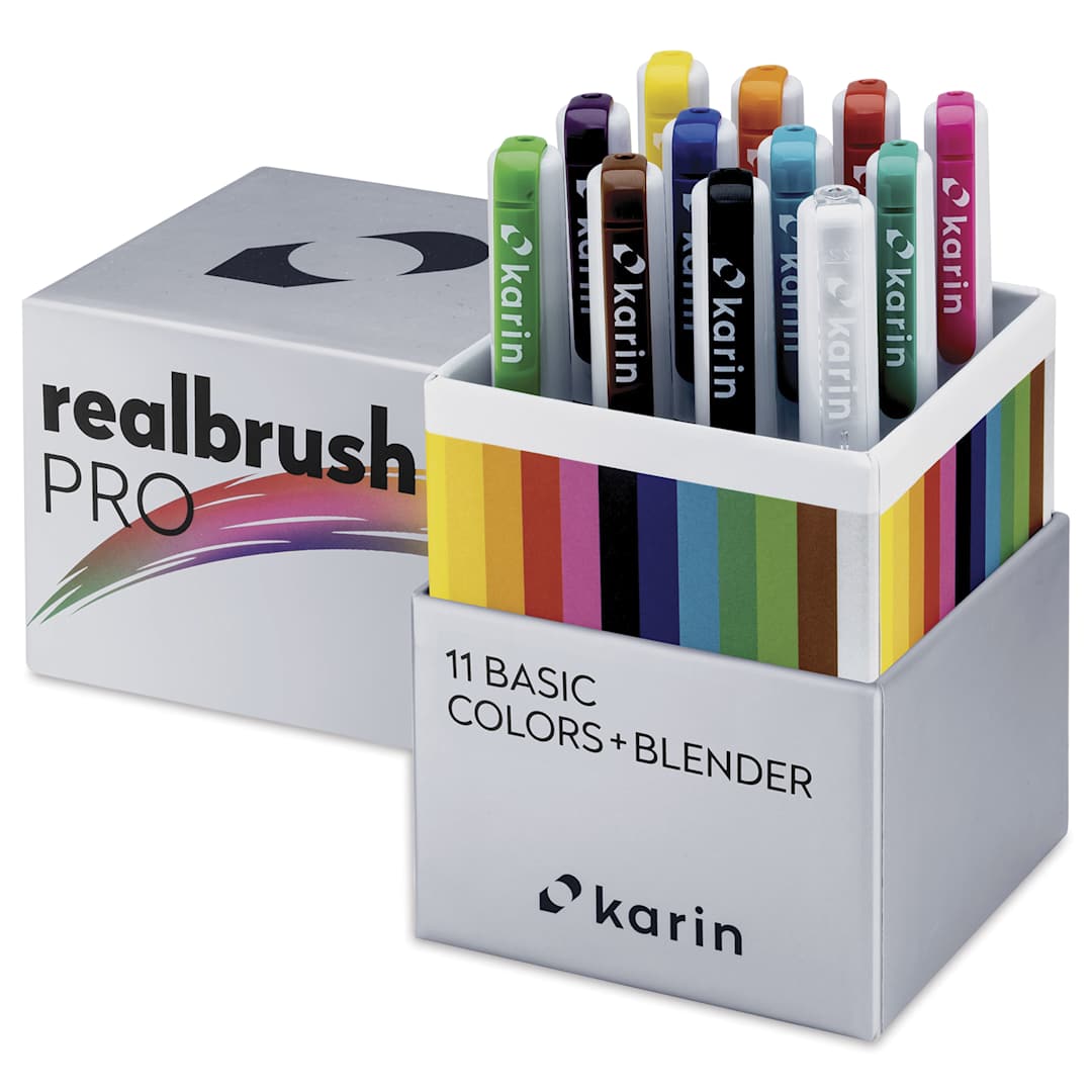 Open in modal - Karin Realbrush Pro Markers - Basic Colors and Blender, Set of 12, markers shown