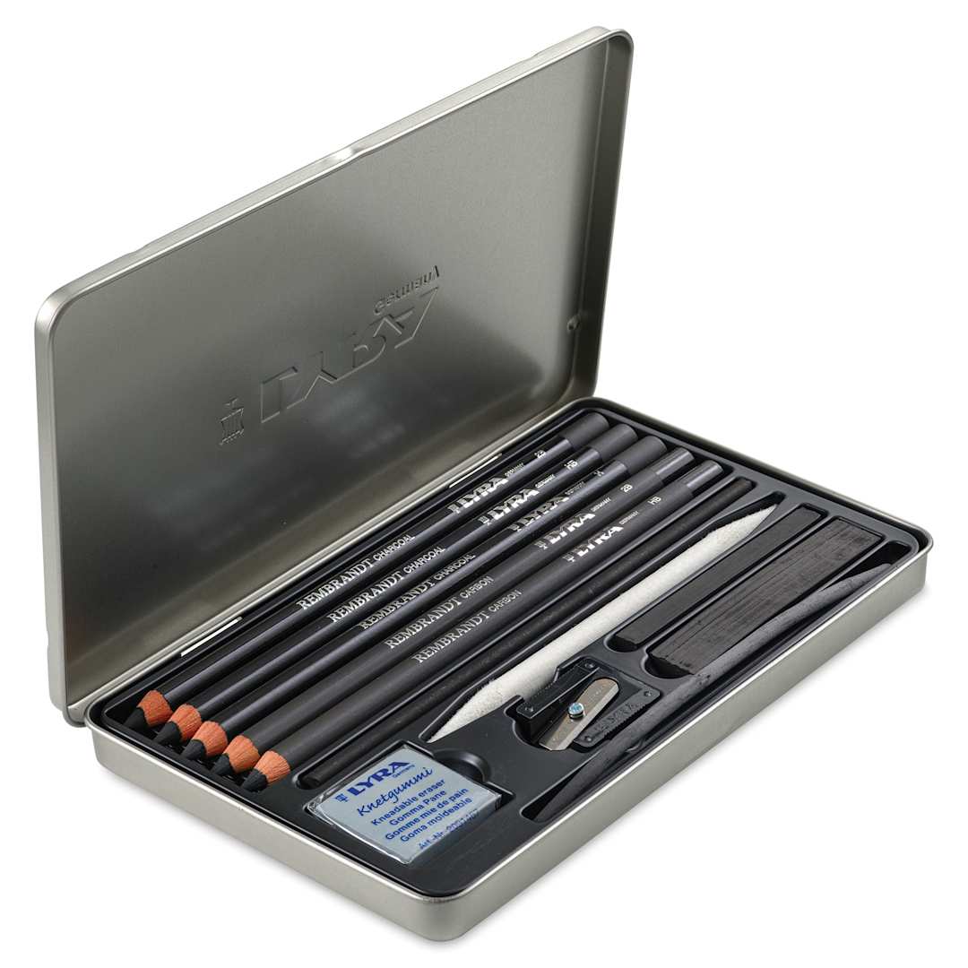 Open in modal - Lyra Rembrandt Charcoal Set, metal box opened showing contents