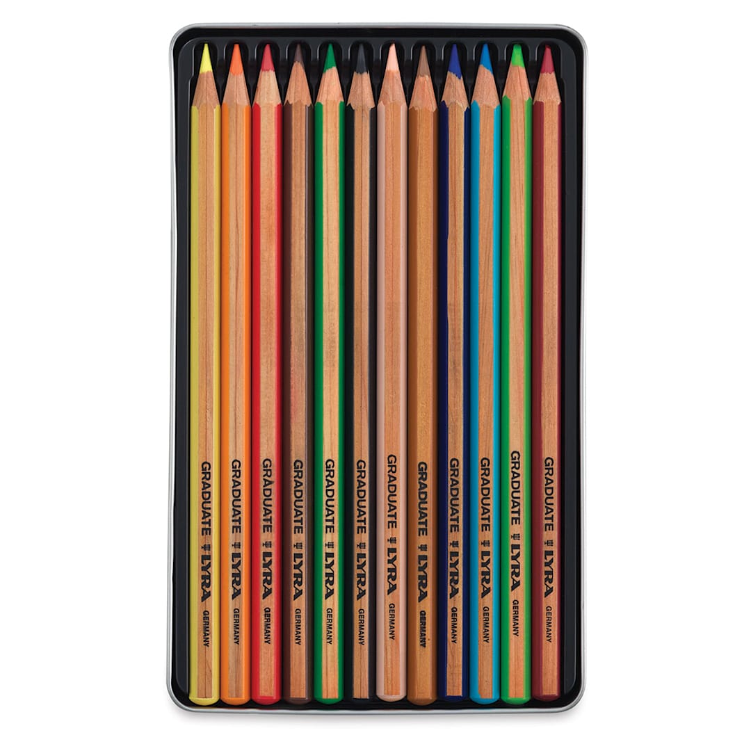 Open in modal - Lyra Graduate Colored Pencils - Set of 12 shown open in storage tin