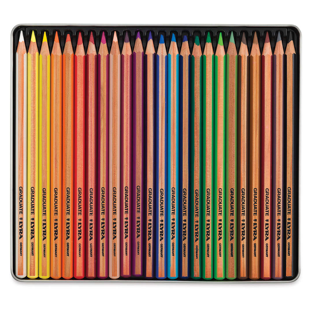 Open in modal - Lyra Graduate Colored Pencils - Set of 24 shown open in storage tin