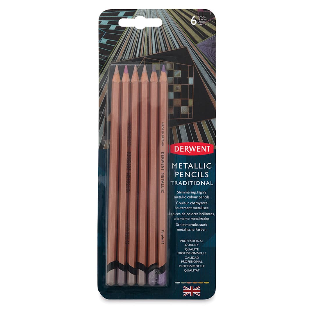 Open in modal - Derwent Professional Metallic Colored Pencils - Front view of Traditional Colors package, Set of 6 