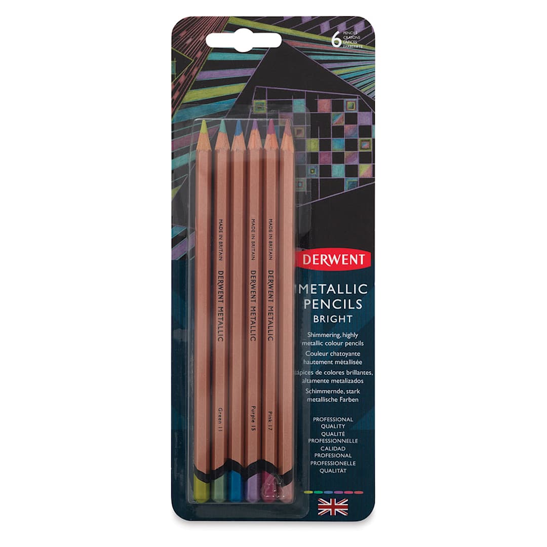 Open in modal - Derwent Professional Metallic Colored Pencils - Front view of Bright Colors package, Set of 6 
