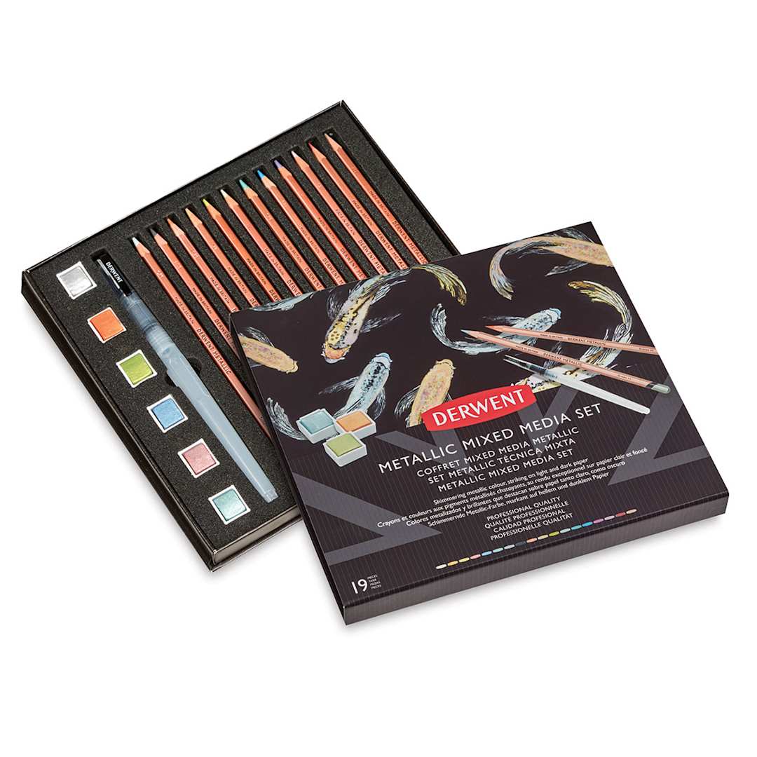 Open in modal - Derwent Metallic Mixed Media Set (showing front cover and set contents)