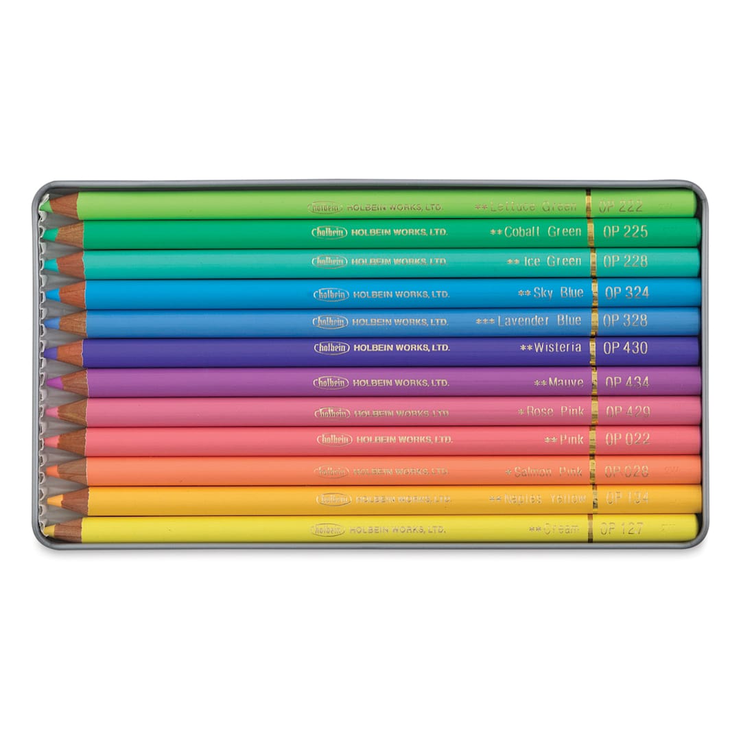 Open in modal - Holbein Artists' Colored Pencils - Pastel Tones, Set of 12, Tin Box