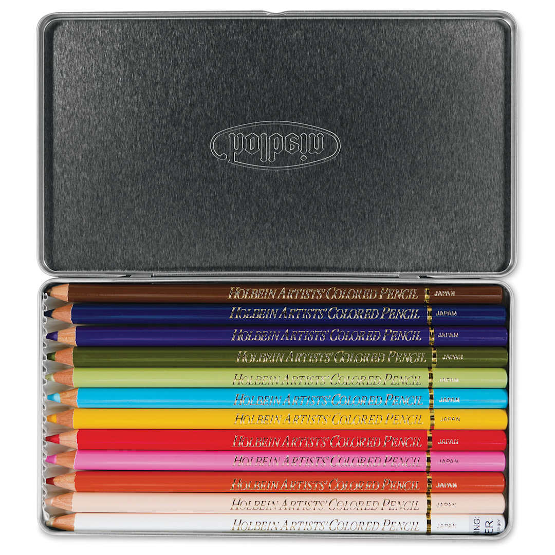 Open in modal - Holbein Artists' Colored Pencils - Portrait Tones, Set of 12, Tin Box open showing pencils