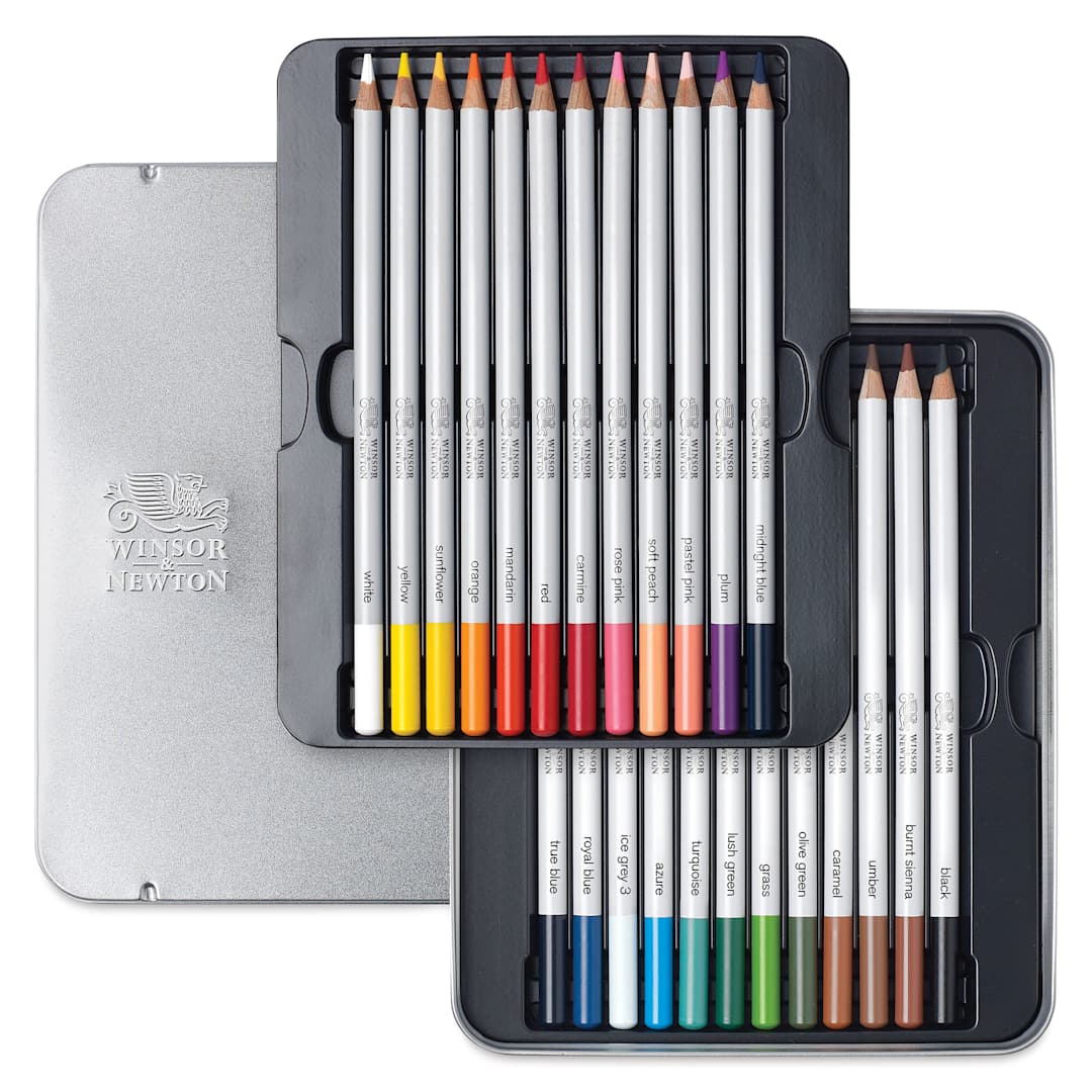 Open in modal - Winsor & Newton Studio Collection Colored Pencils - Set of 24, pencils inside tin case
