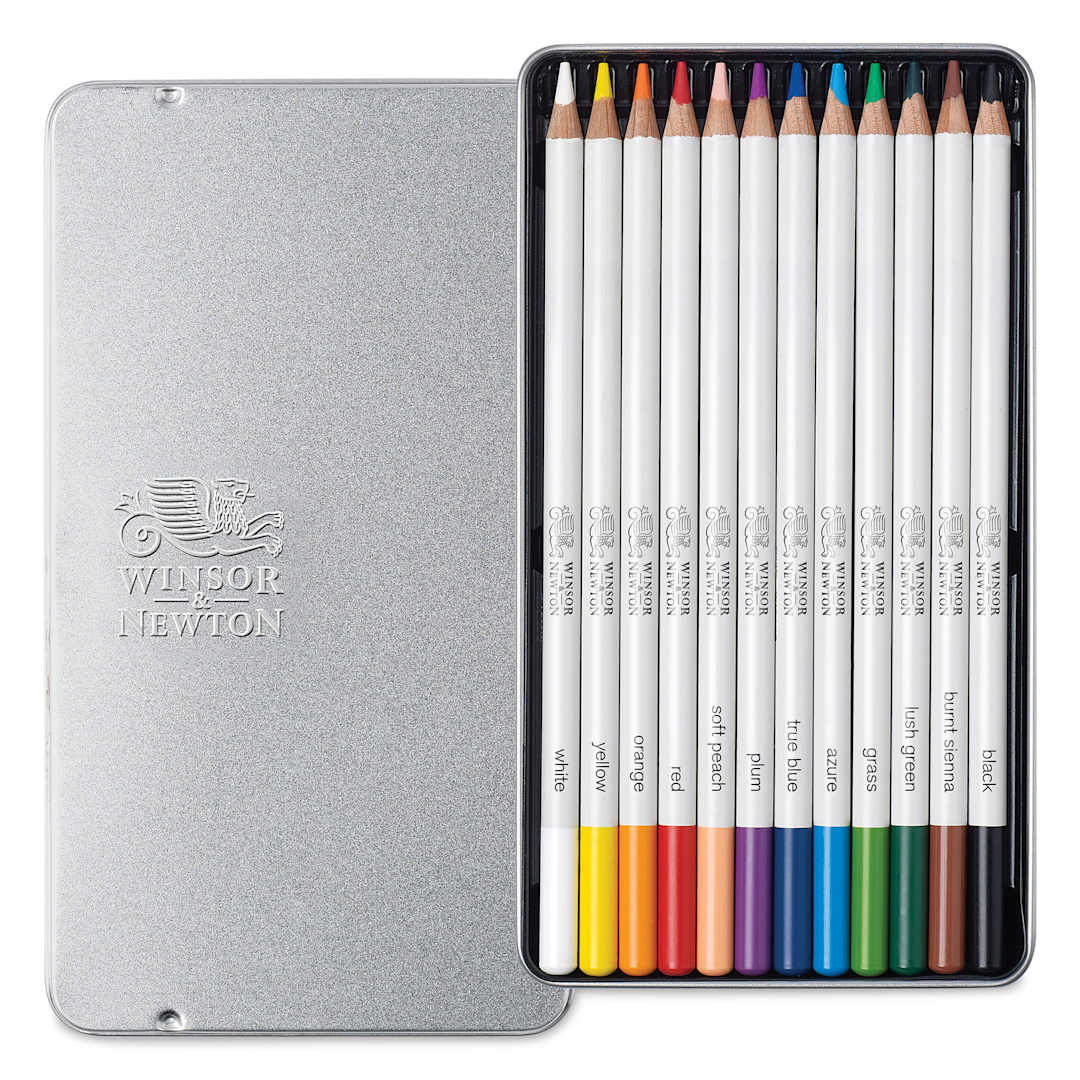 Open in modal - Winsor & Newton Studio Collection Watercolor Pencils - Set of 12, pencils shown inside tin case