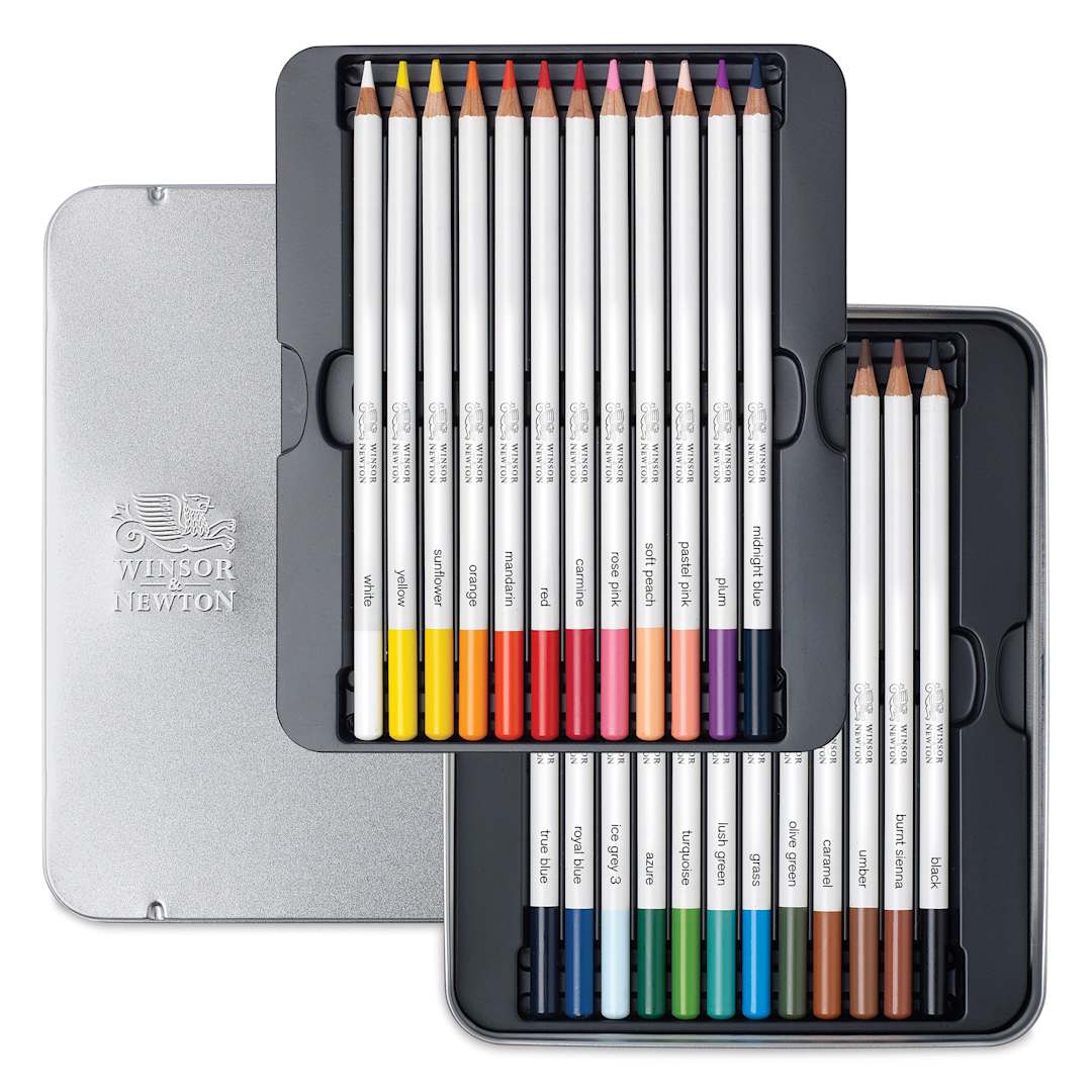 Open in modal - Winsor & Newton Studio Collection Watercolor Pencils - Set of 24, pencils shown inside tin case