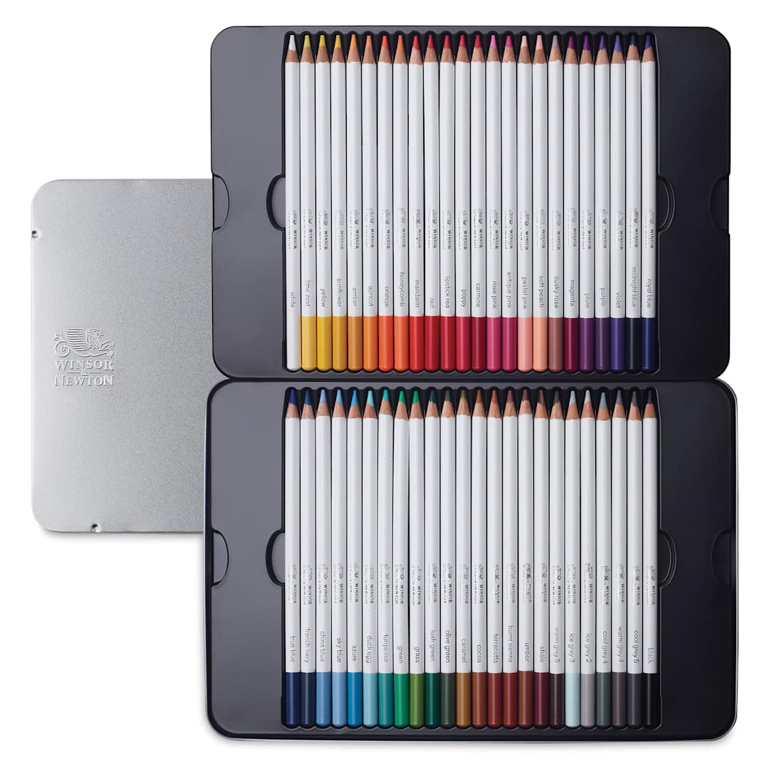 Open in modal - Winsor & Newton Studio Collection Watercolor Pencils - Set of 48, pencils shown inside tin case