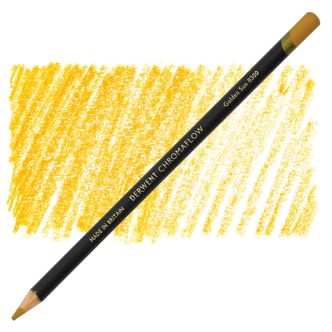 Open in modal - Derwent Chromaflow Colored Pencil - Golden Sun, swatch and pencil