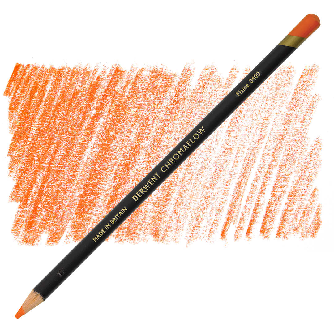 Open in modal - Derwent Chromaflow Colored Pencil - Flame, swatch and pencil