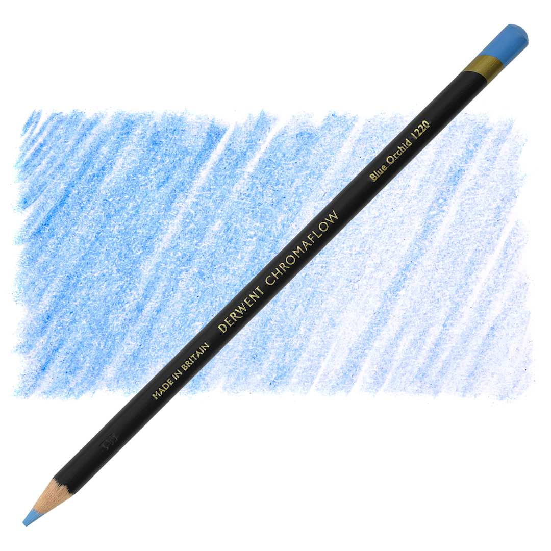 Open in modal - Derwent Chromaflow Colored Pencil - Blue Orchid, swatch and pencil
