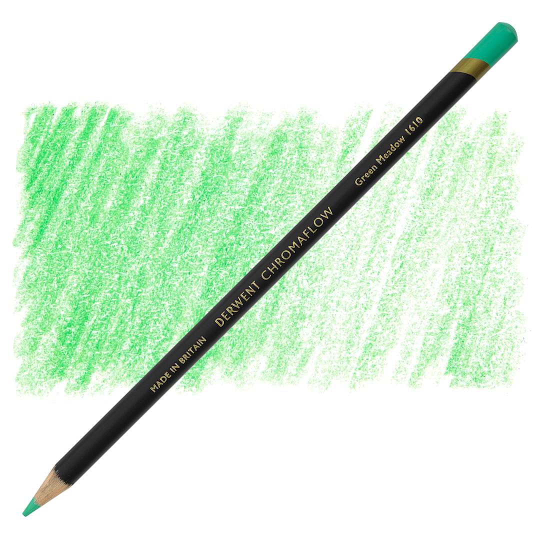 Open in modal - Derwent Chromaflow Colored Pencil - Green Meadow, swatch and pencil