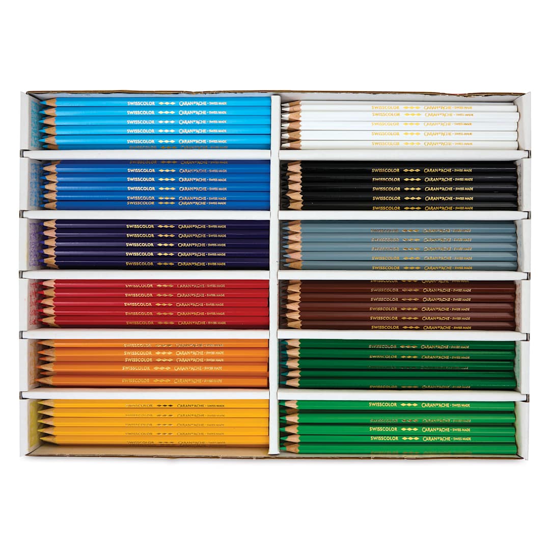 Open in modal - Caran d'Ache Swisscolor Colored Pencils - Classpack, Set of 240, showing colored pencils inside