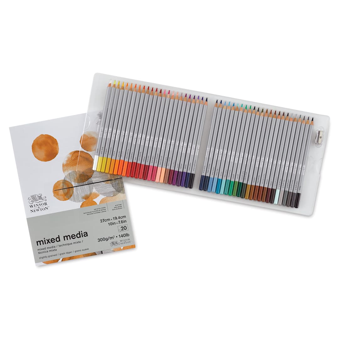 Open in modal - Winsor & Newton Studio Collection Colored Pencils - Set of 48, with Paper Pad and Sharpener