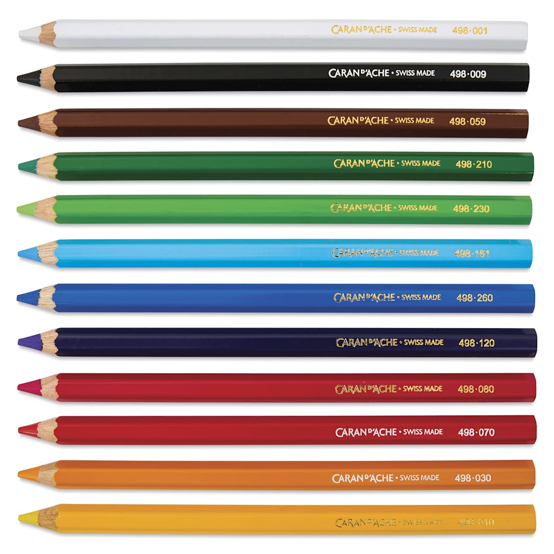 Open in modal - Caran d’Ache Swisscolor Aquarelle Maxi Colored Pencils - Set of 12 jumbo pencils laid out