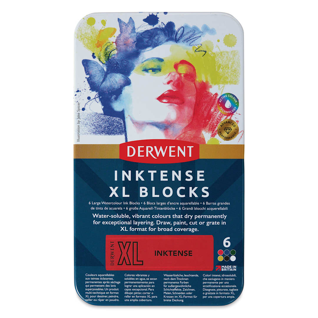 Open in modal - Derwent Inktense XL Blocks - Assorted, Set of 6, front of the tin packaging