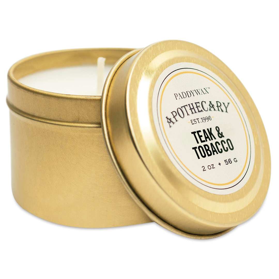 Open in modal - Paddywax Apothecary Tin Candle - Teak and Tobacco, 2 oz (lid resting on side of tin)