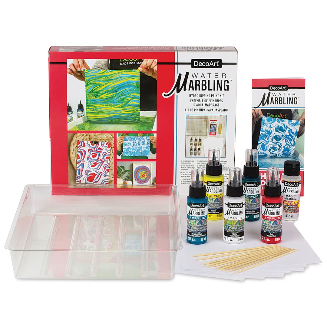 Open in modal - DecoArt Water Marbling Acrylic Paint - Starter Kit, contents laid out in front of the packaging. 