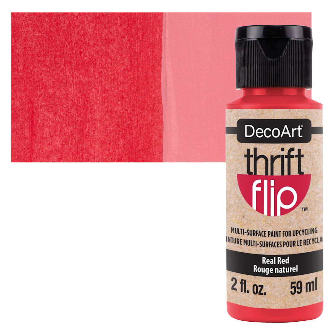 Open in modal - DecoArt Thrift Flip Multi-Surface Paint - Real Red, 2 oz bottle and swatch