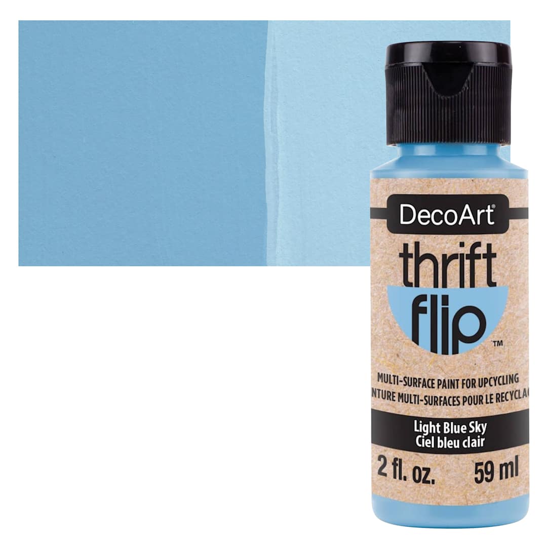Open in modal - DecoArt Thrift Flip Multi-Surface Paint - Light Blue Sky, 2 oz bottle and swatch