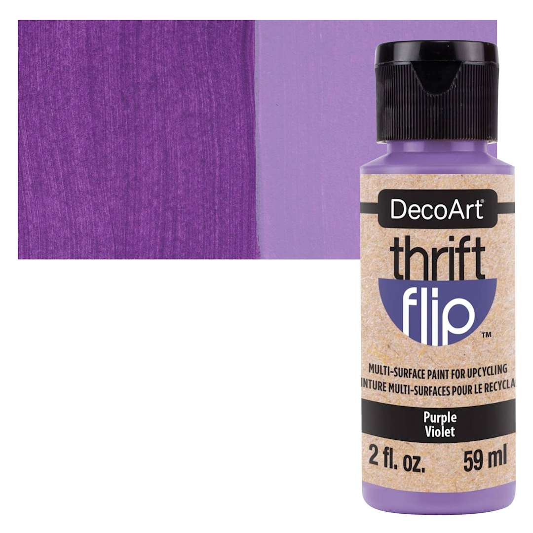 Open in modal - DecoArt Thrift Flip Multi-Surface Paint - Purple, 2 oz bottle and swatch