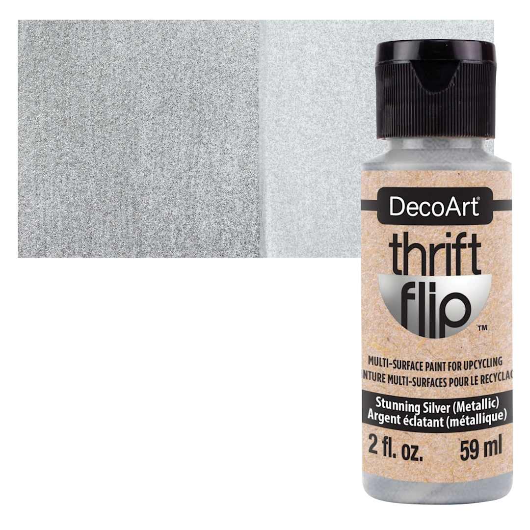 Open in modal - DecoArt Thrift Flip Multi-Surface Paint - Stunning Silver Metallic, 2 oz bottle and swatch
