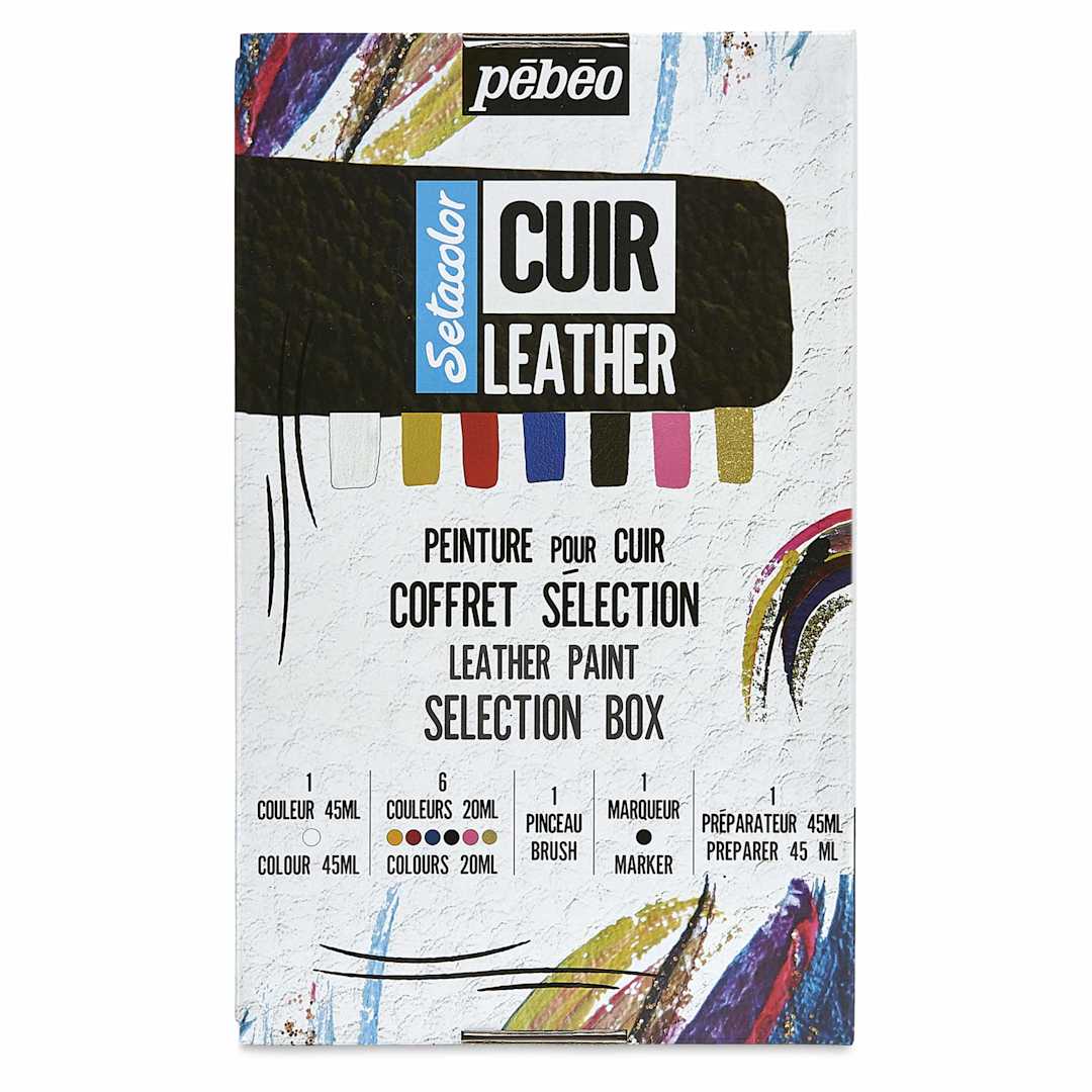 Open in modal - Pebeo Setacolor Leather Paint Set - Set of 10, Selection Box front of packaging