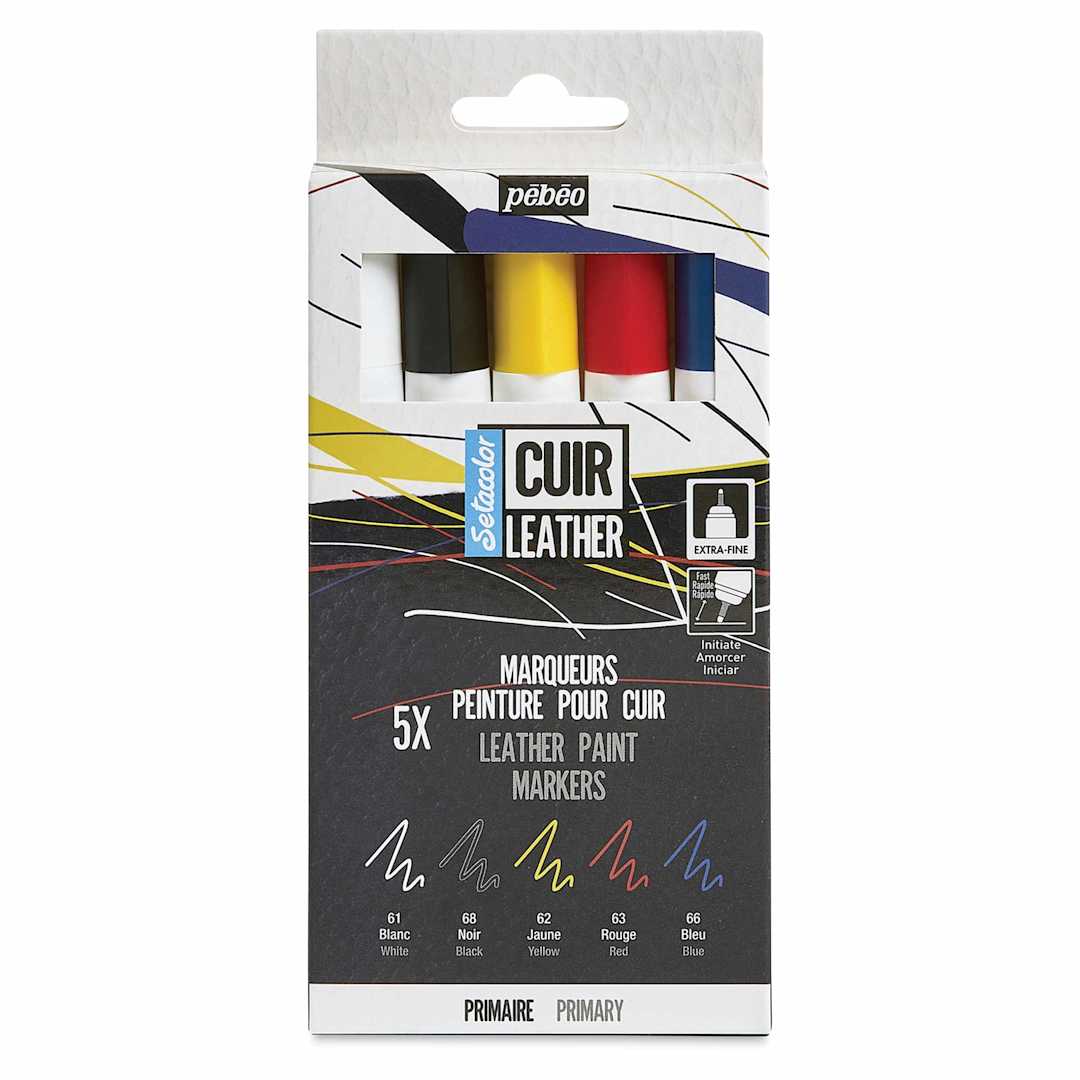 Open in modal - Pebeo Setacolor Leather Paint Markers - Set of 5, Primary Colors front of packaging