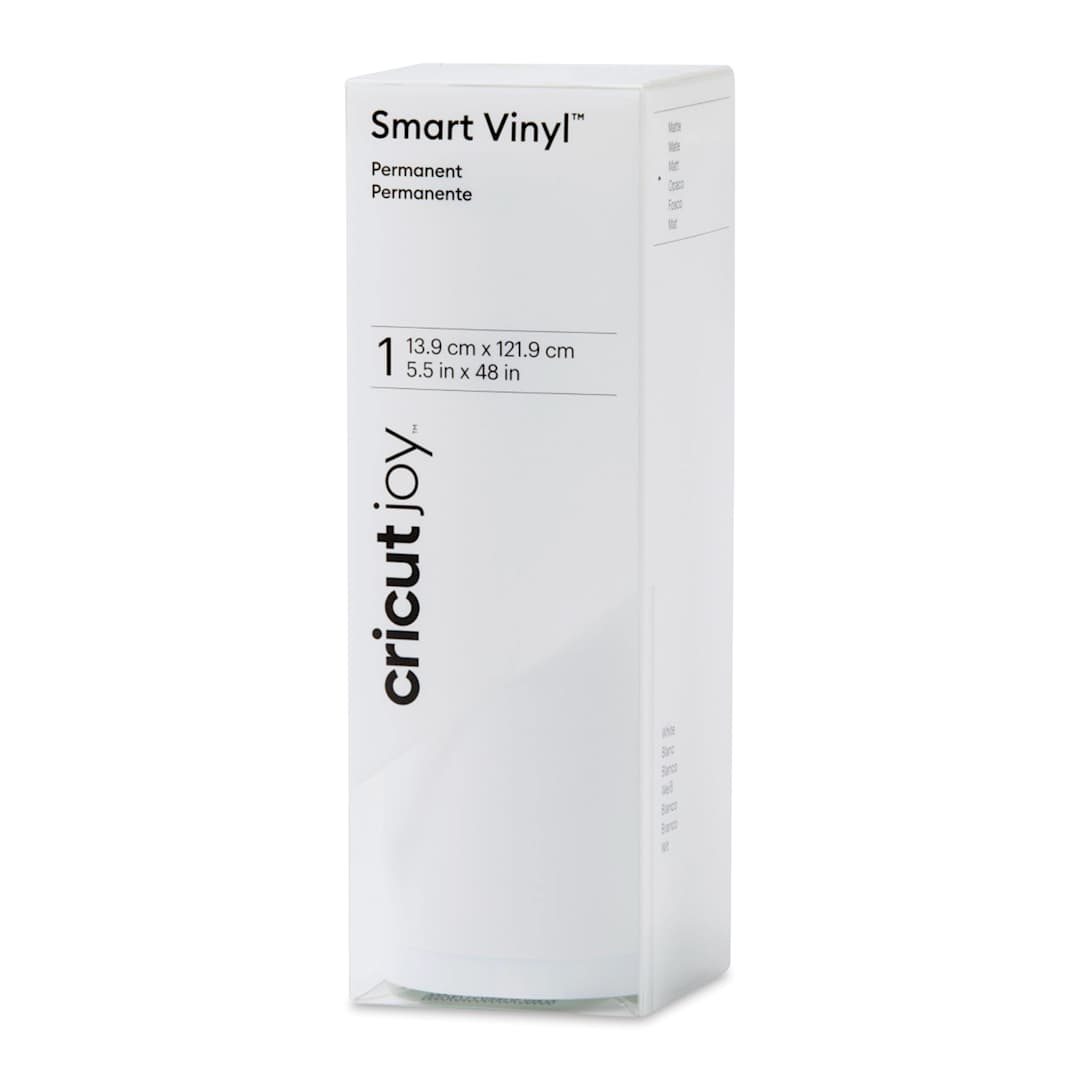 Open in modal - Cricut Joy Permanent Smart Vinyl - White, Matte, 5-1/2" x 48", roll inside of the packaging