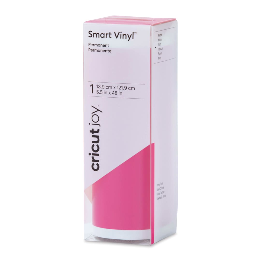 Open in modal - Cricut Joy Permanent Smart Vinyl - Party Pink, Matte, 5-1/2" x 48", roll inside of the packaging