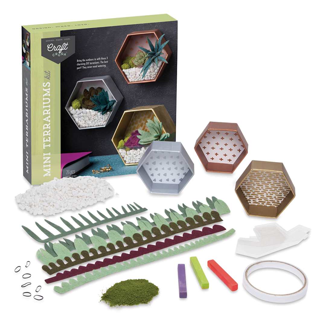 Open in modal - Craft Crush Mini Terrariums Kit (Kit contents shown with packaging)