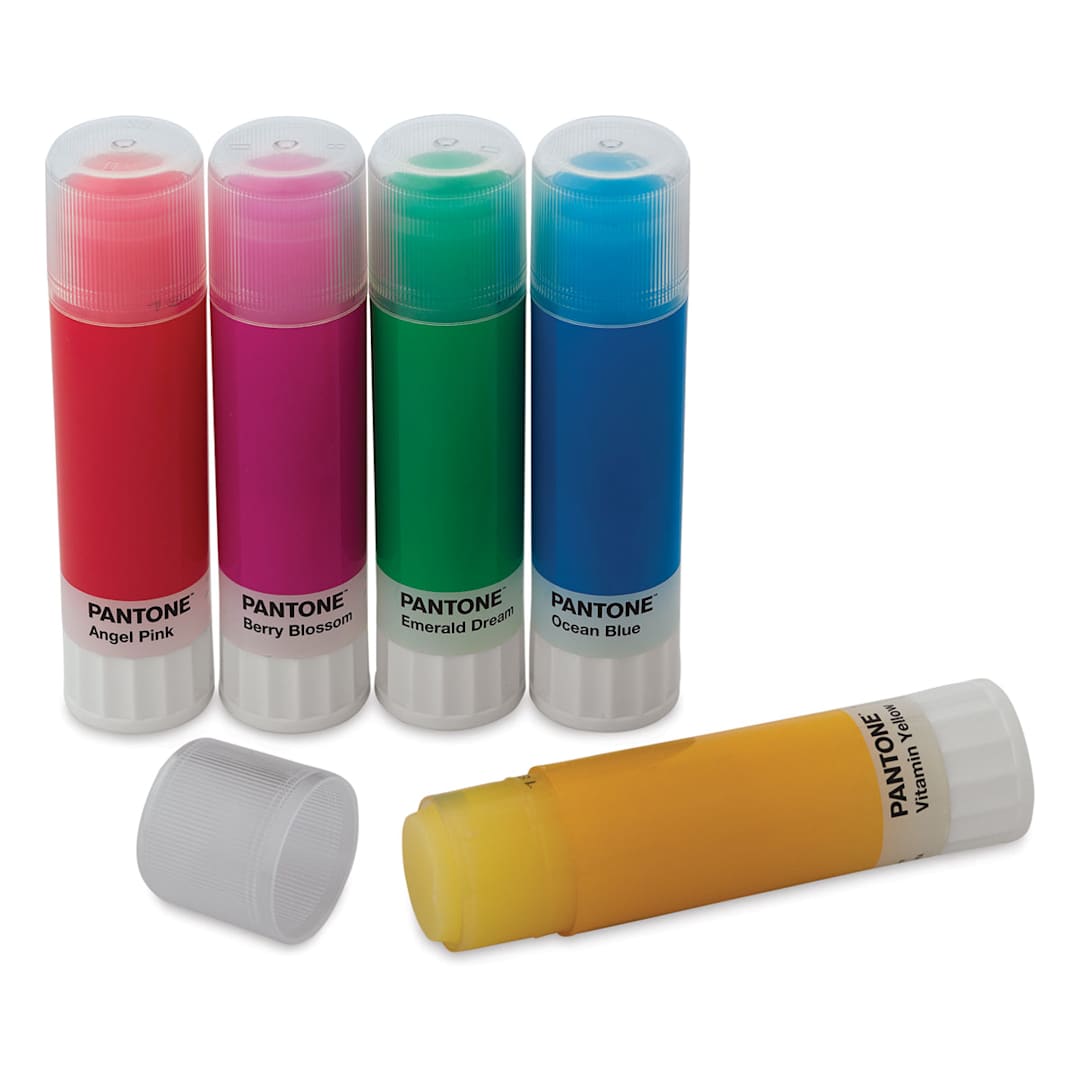 Open in modal - Pantone Glue Sticks - Front of 5 multi-color Glue Sticks
