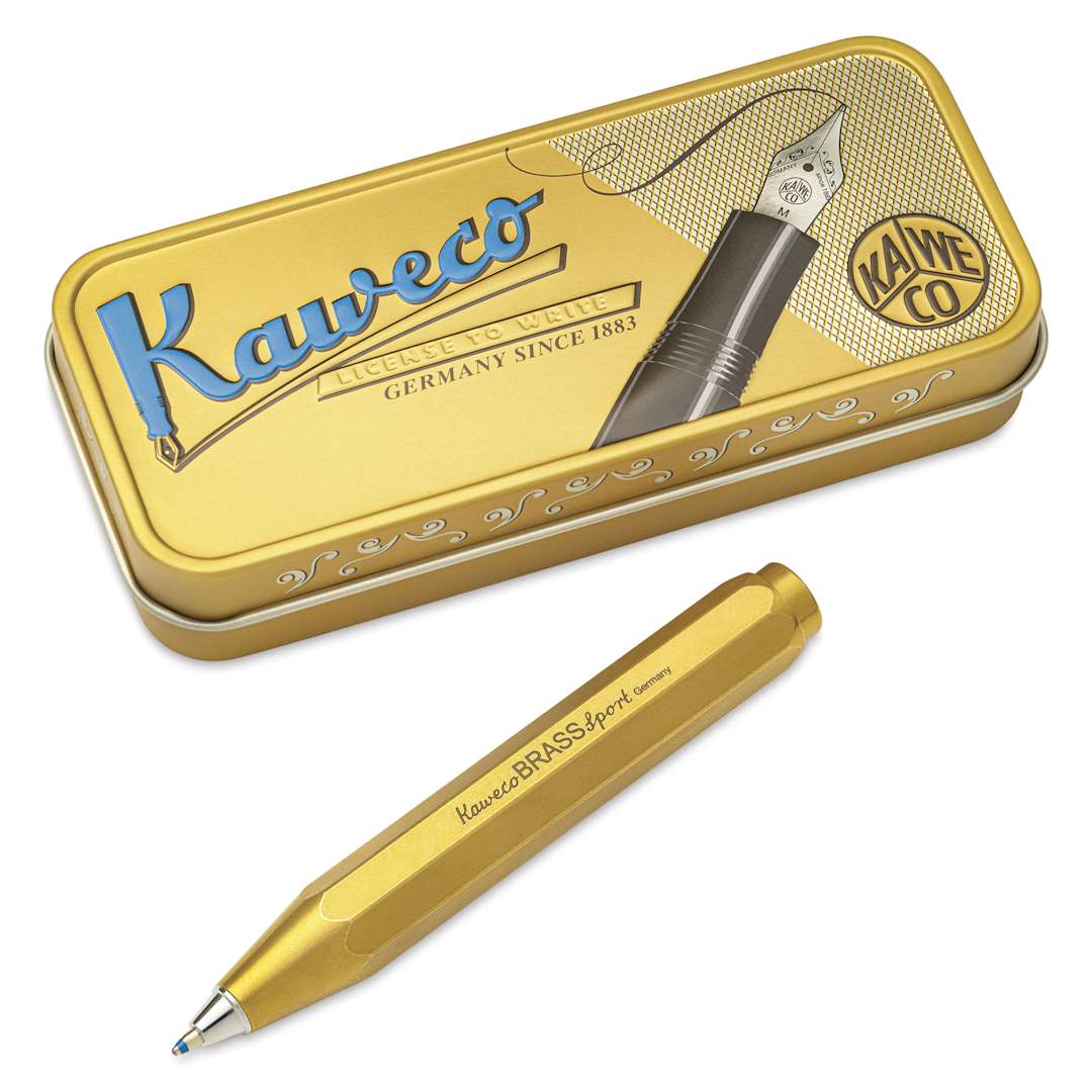 Open in modal - Kaweco Brass Sport Ballpoint Pen - Blue Ink - pen and packaging