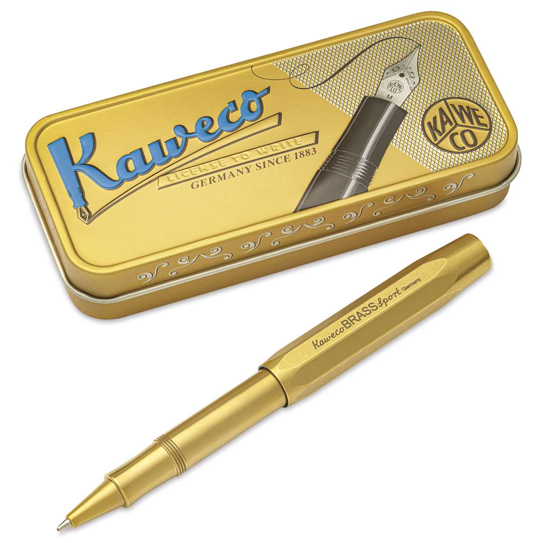Open in modal - Kaweco Brass Sport Rollerball Pen - Black Ink - pen and packaging